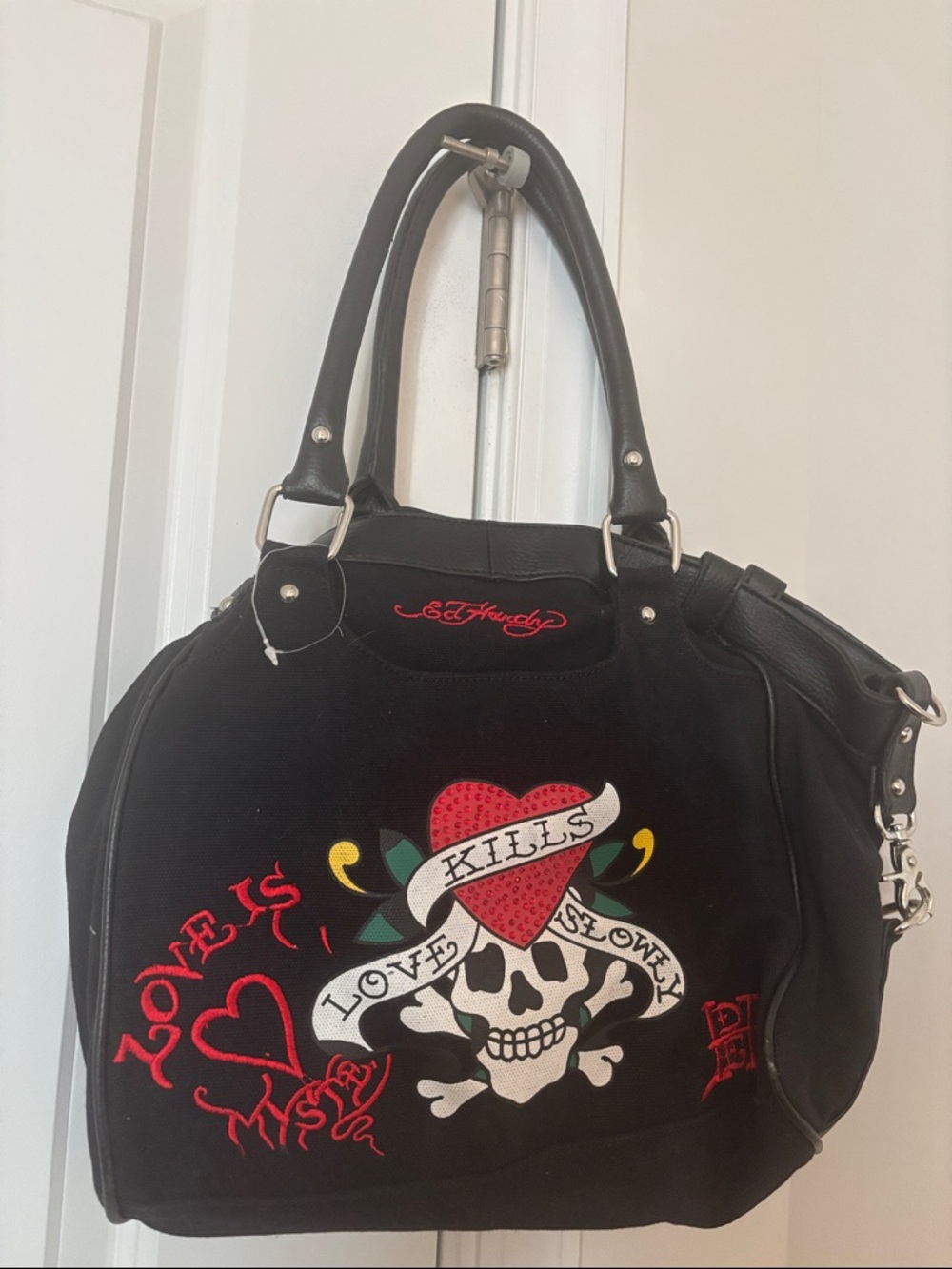 Ed Hardy Y2K Summer bag Black Satchel with Red Heart Skull Graphic - Picture 4 of 10